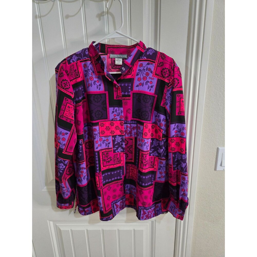 Jessica Holbrook Women’s Size L Pink Purple Black Floral Patchwork Button Down